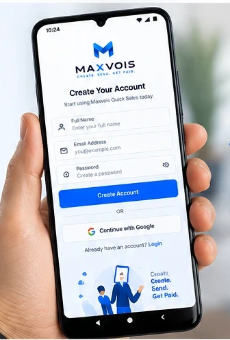 The Maxvois app on an Android phone, held in one hand, showing the Create Your Account screen.