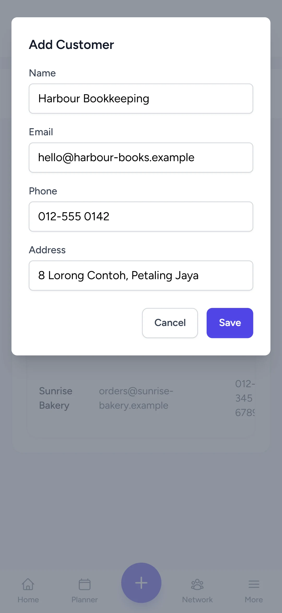 The Add Customer form with Name, Phone, Email and Address