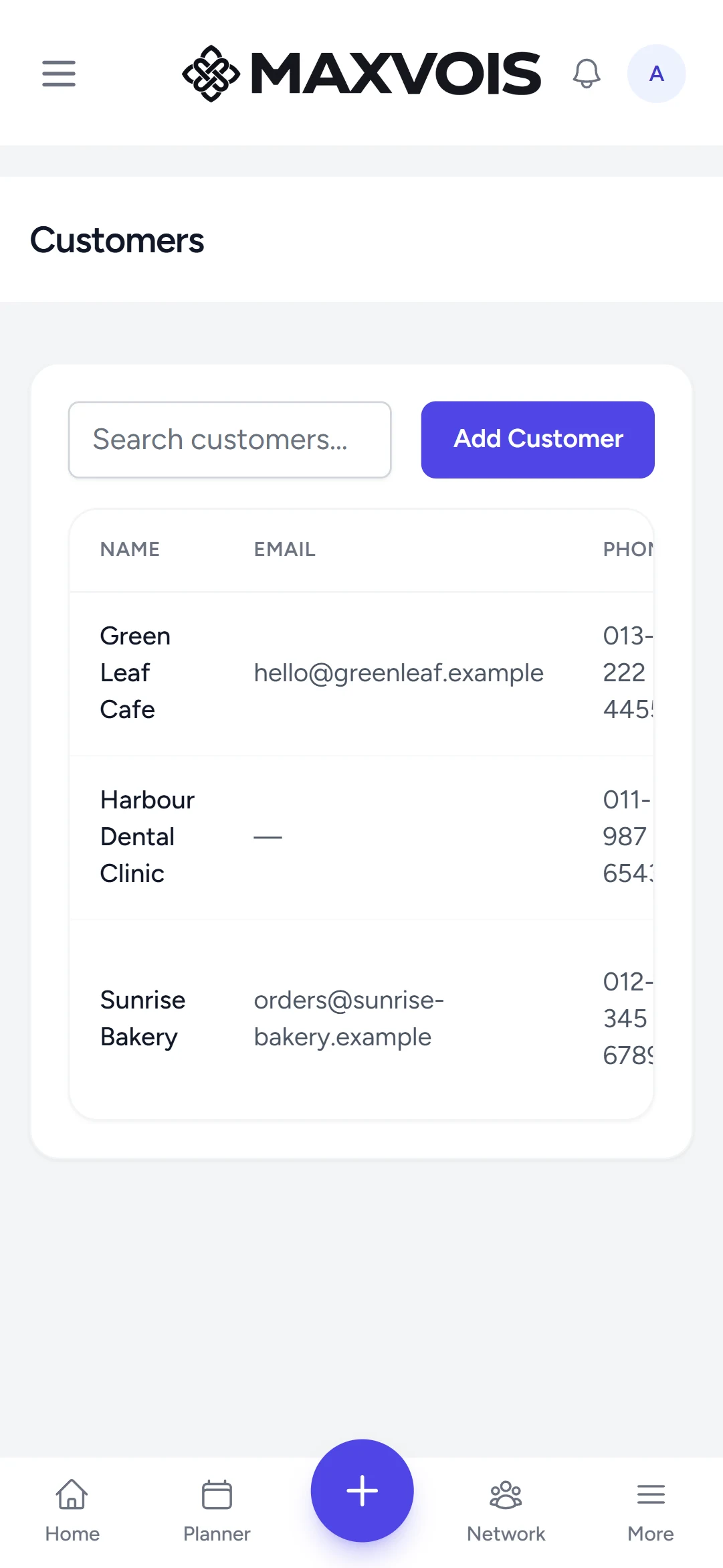 The Customers page with the Add Customer button