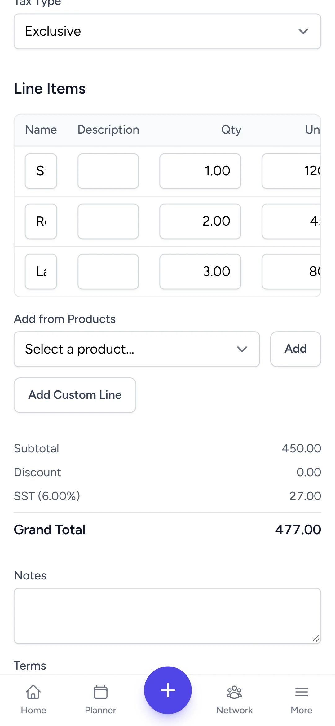 Line items on a quotation with quantity, unit price and subtotal