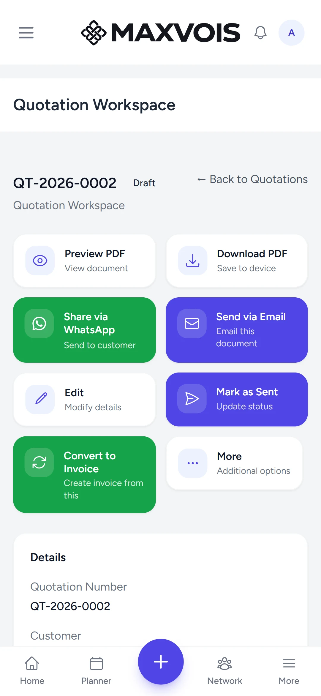 The quotation workspace after saving, showing the document actions