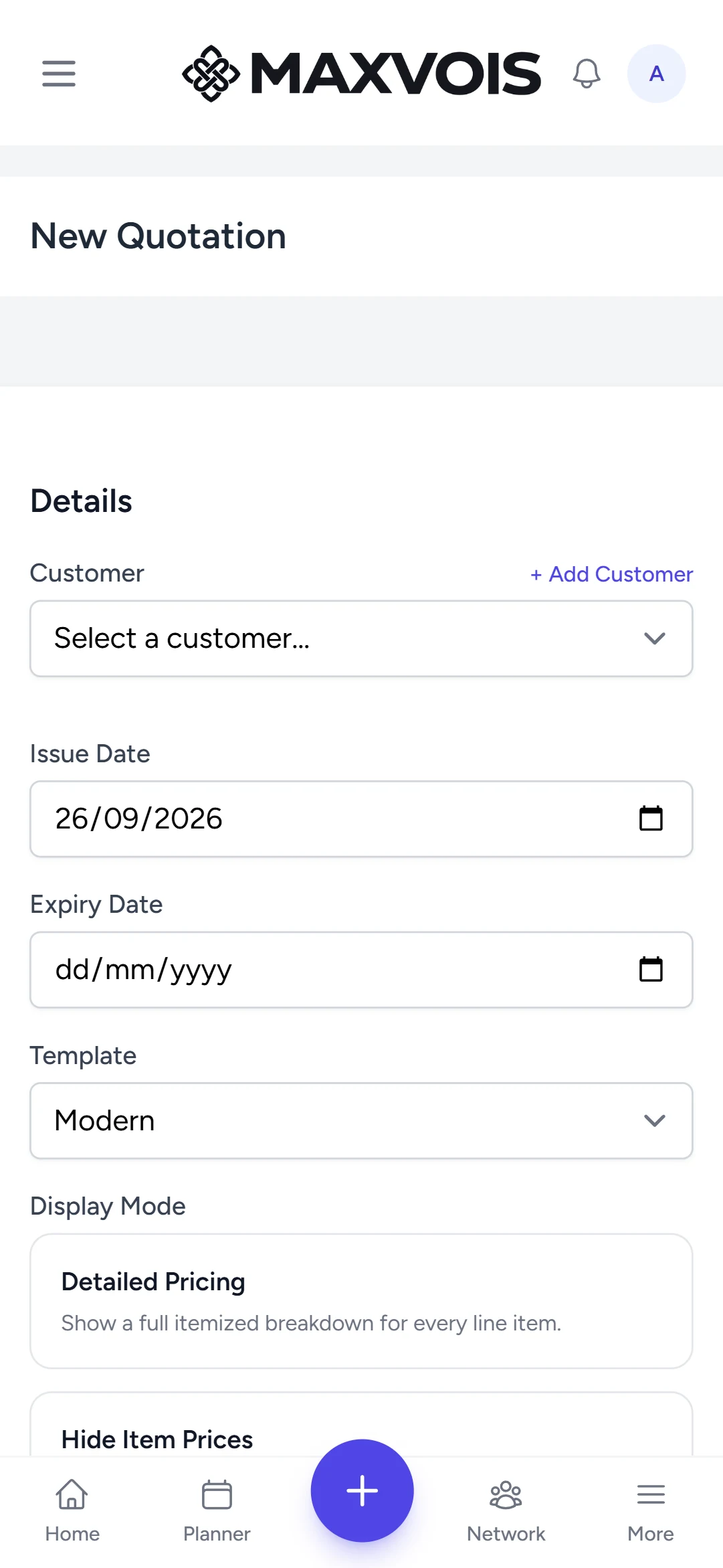 The quotation form with the customer selector