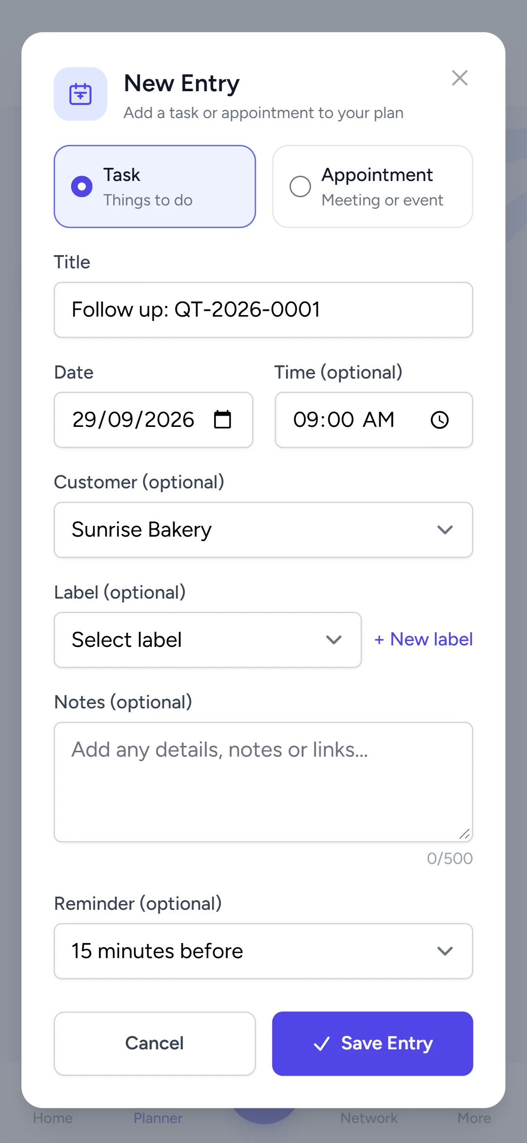 A New Entry form set to Task with the customer selected