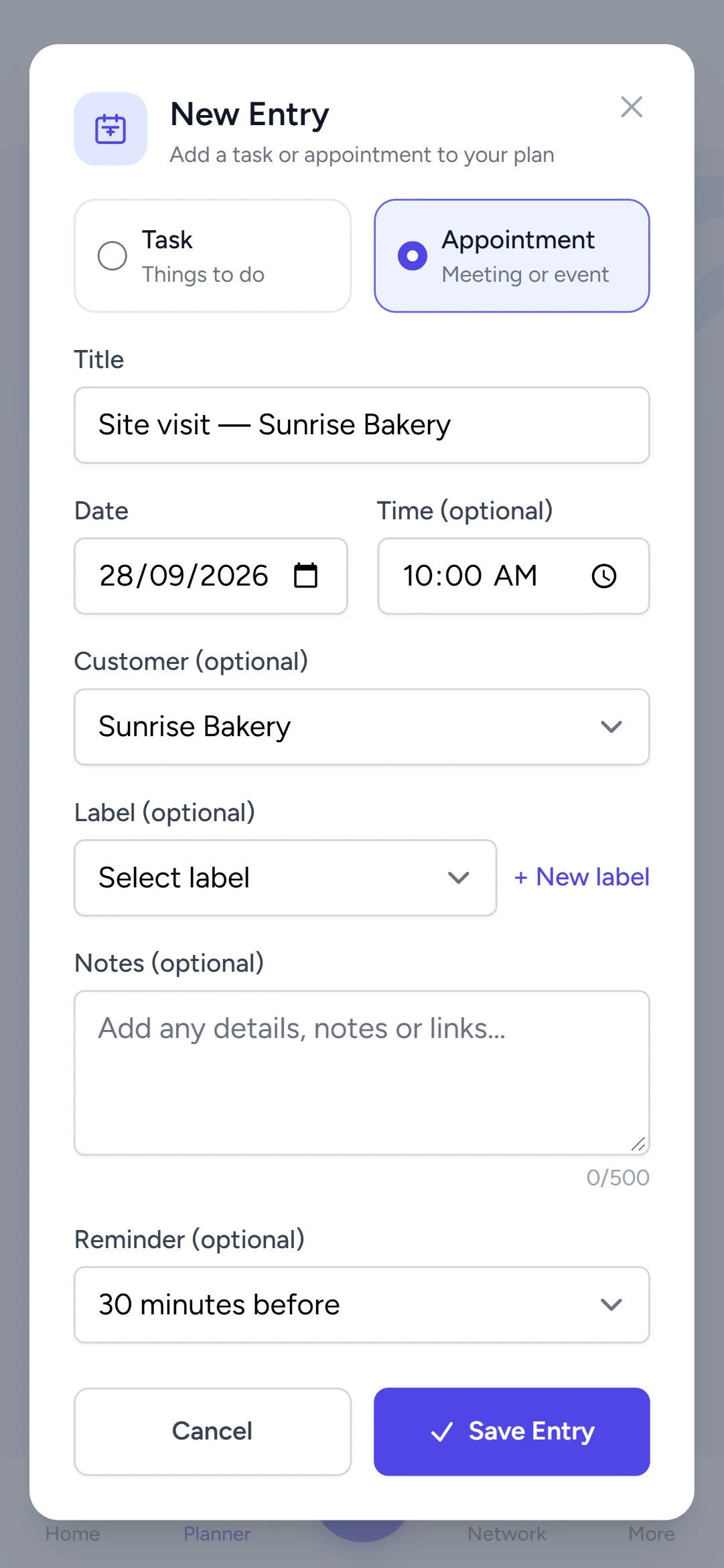 The New Entry form set to Appointment, with title, date, time and customer