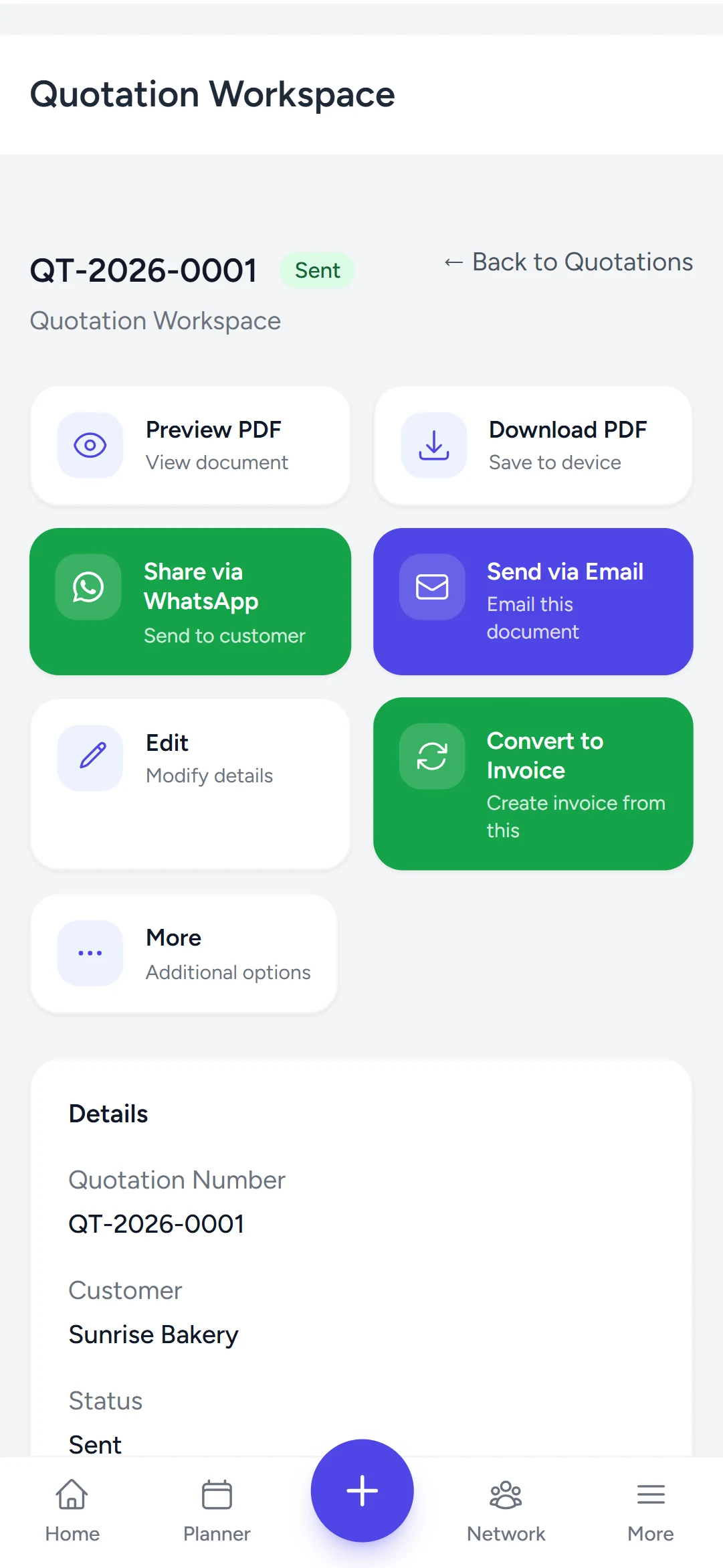 The Convert to Invoice button in the quotation workspace