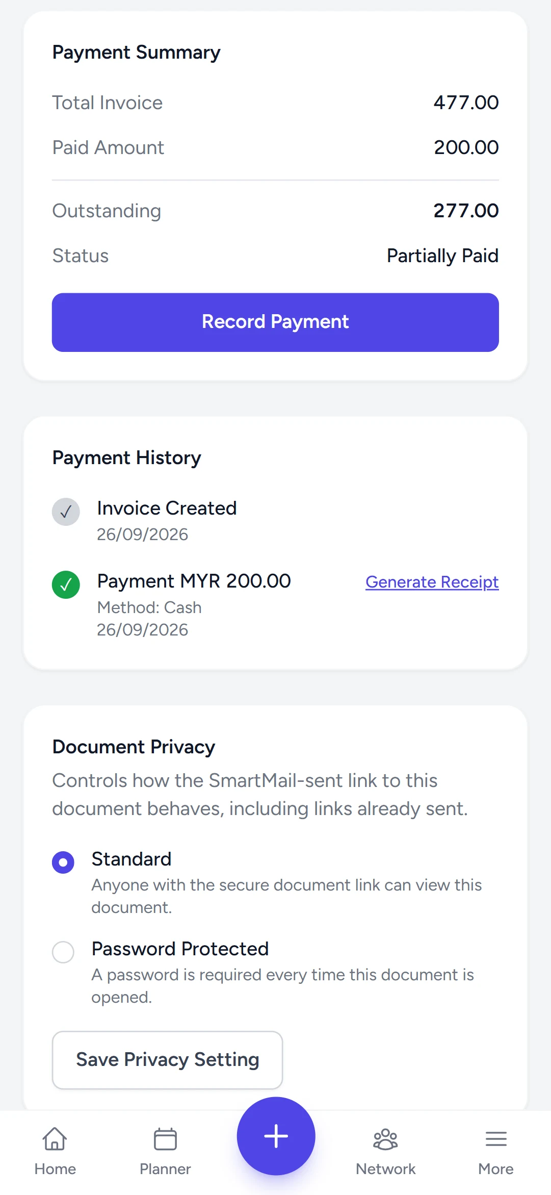 A payment in Payment History with the Generate Receipt button