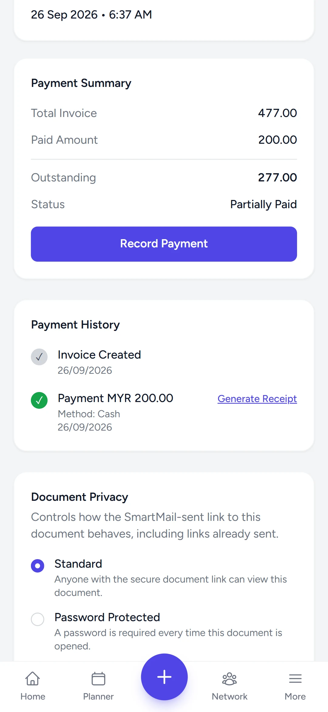 The invoice workspace Payment Summary showing total, paid and outstanding