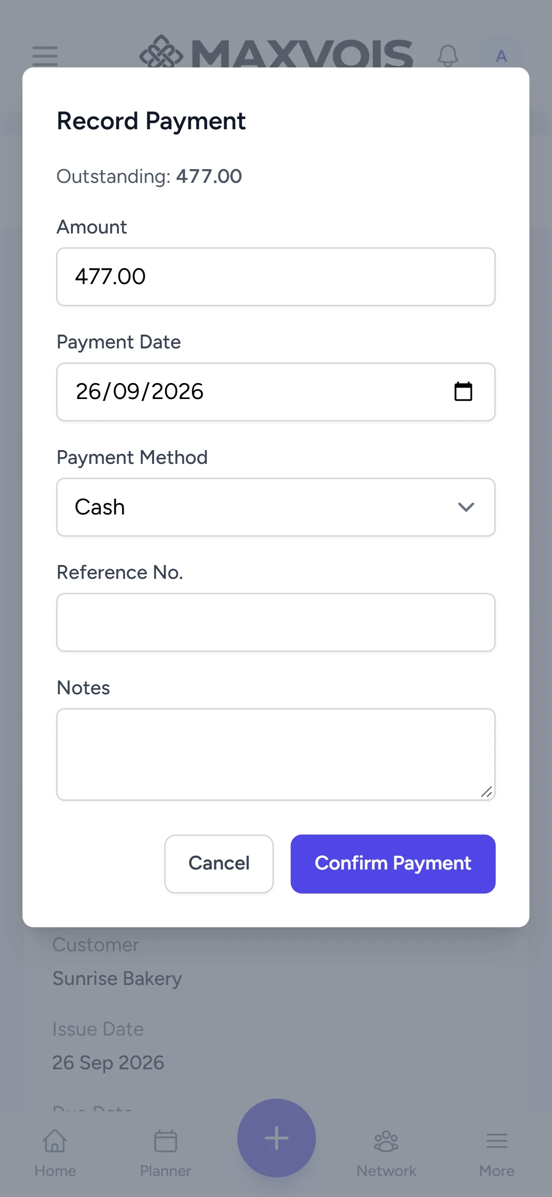 The Record Payment dialog with amount, date, method and reference