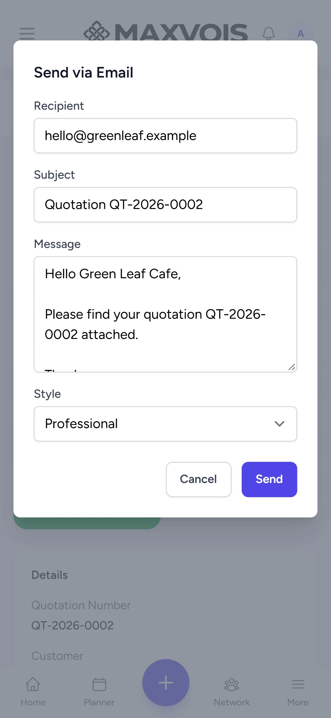 The Send via Email dialog with recipient and subject