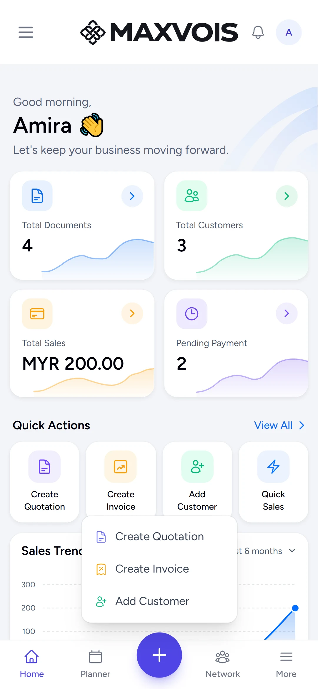 The + quick-action menu showing Add Customer, Create Quotation and Create Invoice