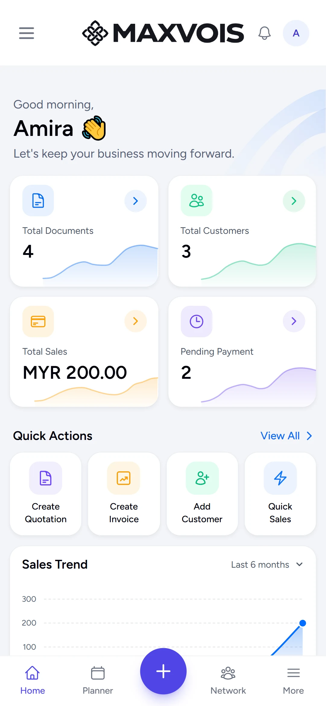 The Maxvois Home dashboard with the bottom navigation bar