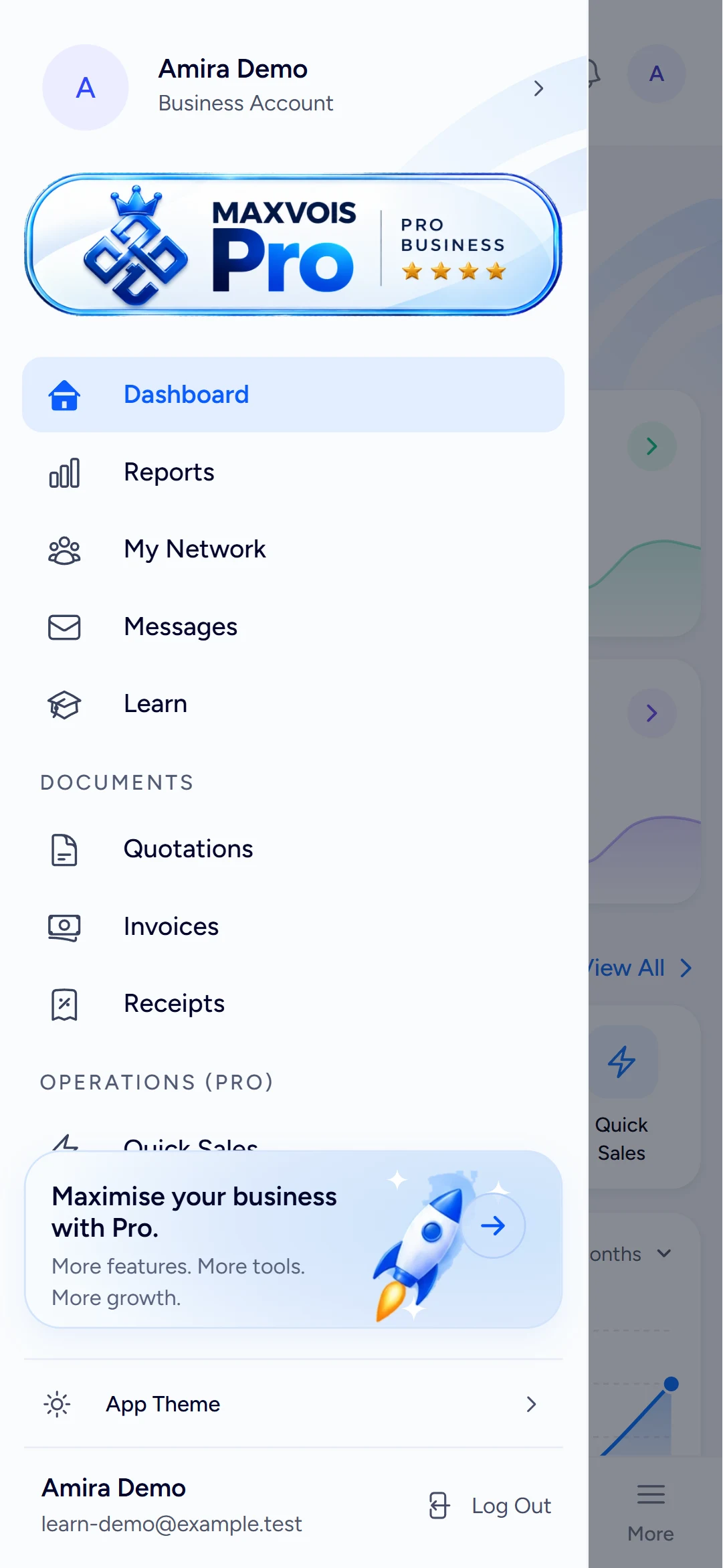 The More menu listing documents, operations and settings